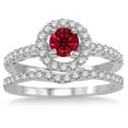 thumbnail image 2 of 2.25 Carat Red Ruby 6mm Round Cut Diamond Moissanite Antique Floral Halo Bridal set on 10k White Gold, 2 of 2