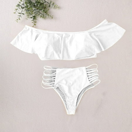 Ovticza Women s Two Piece Swimsuit Off Shoulder Ruffle Bandeau Bikini Swimsuit Top and High Cut Bathing Suit Bottoms White 5XL