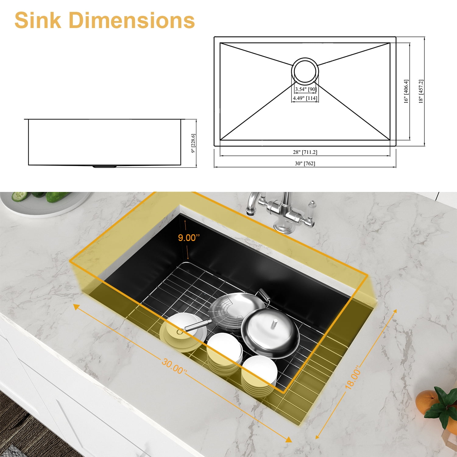Logmey 30"x18"Kitchen Sink Single Bowl Black Stainless Steel with Drainer Undermount