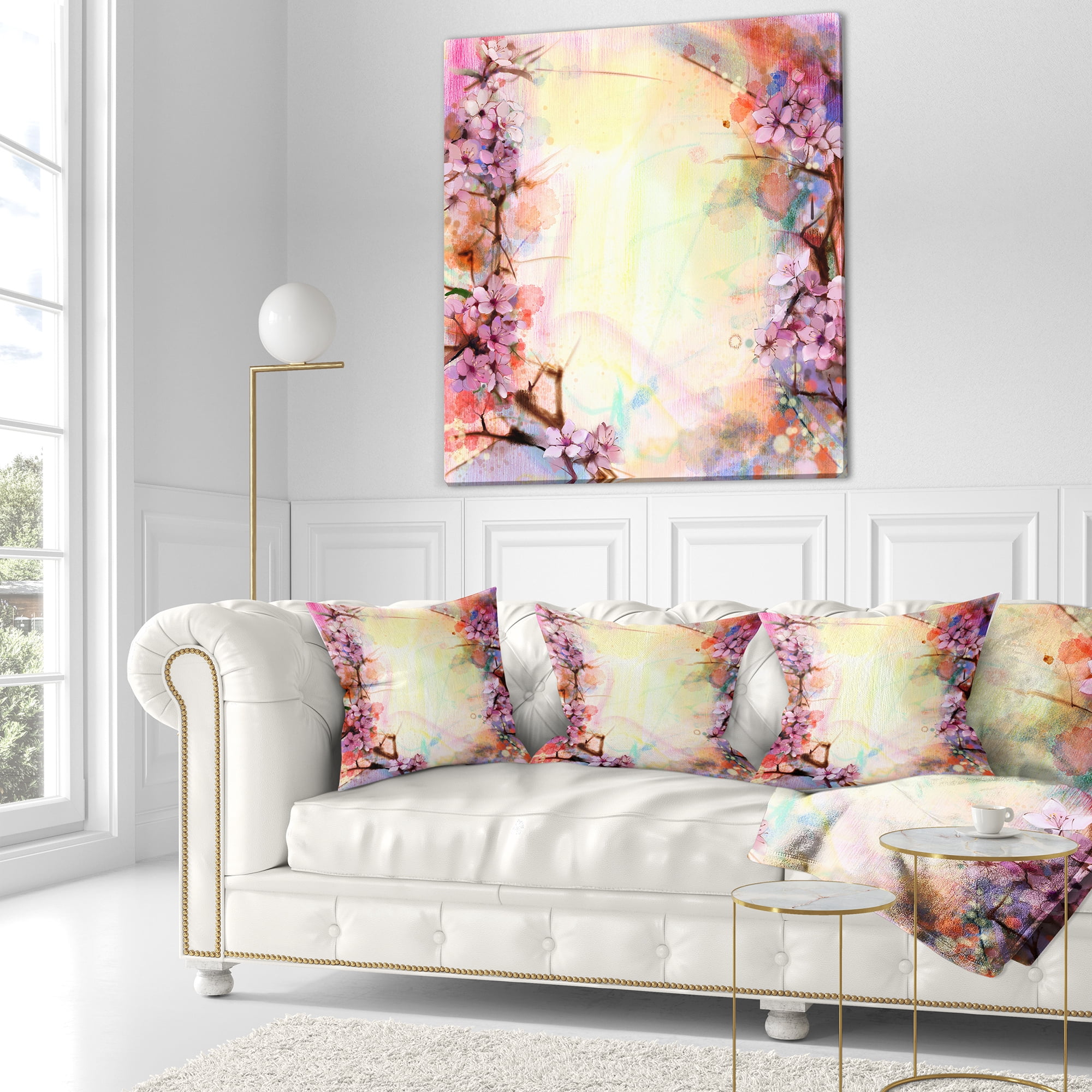 Designart Pink Sakura on Blurred Background - Floral Throw Pillow - 18x18