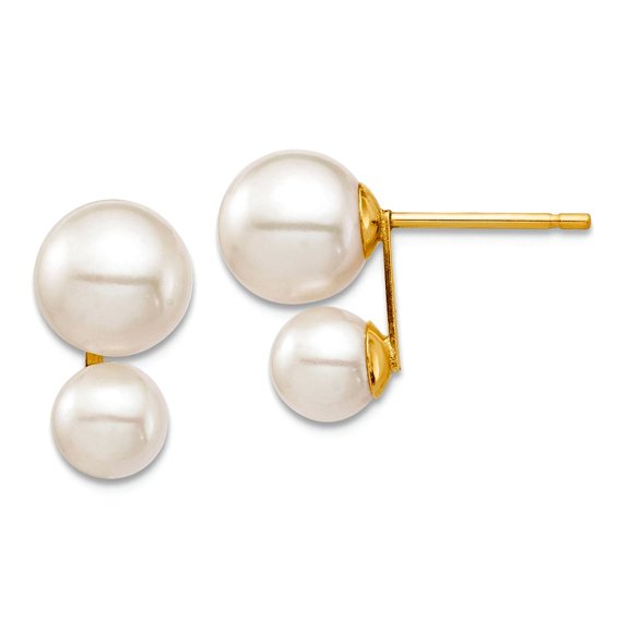 14k Solid Gold 5 and 7mm White Round Fw Cultured Double Pearl Post Earrings 12.75x7.27mm Wide Stud Earring for Women
