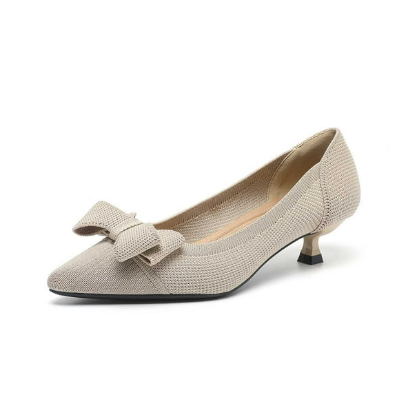 Xiaoxatg Women's Comfortable Low Heel Bowknot Mesh Knit Fashionable Pointed Toe Dress Shoes for Casual Everyday Wear 7 Beige
