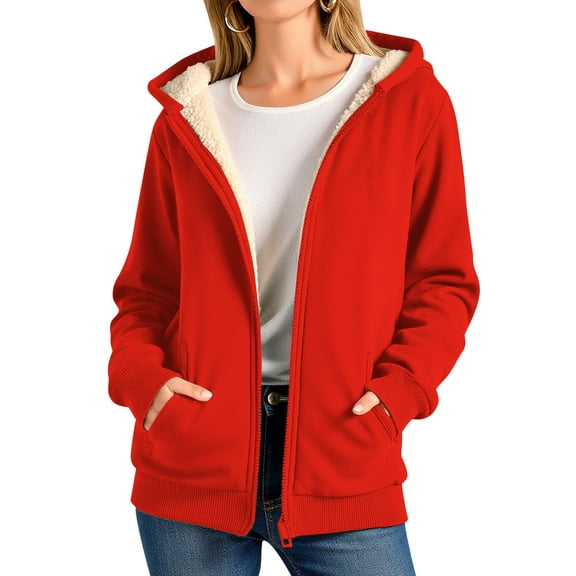 Hjlmsx Sherpa Fleece Lined Jacket Women Thick Fleece Drawstring Full Zip Up Hoodies Sweatshirts Oversized Long Sleeve Thermal Winter Coats Red XXL