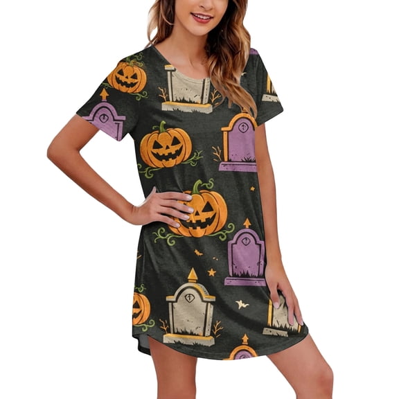 MEICHEN Halloween Pumpkin Print Sleep Dress for Women Casual Short Sleeve Crewneck Nightgown Summer Fall Fashion Loose Loungewear