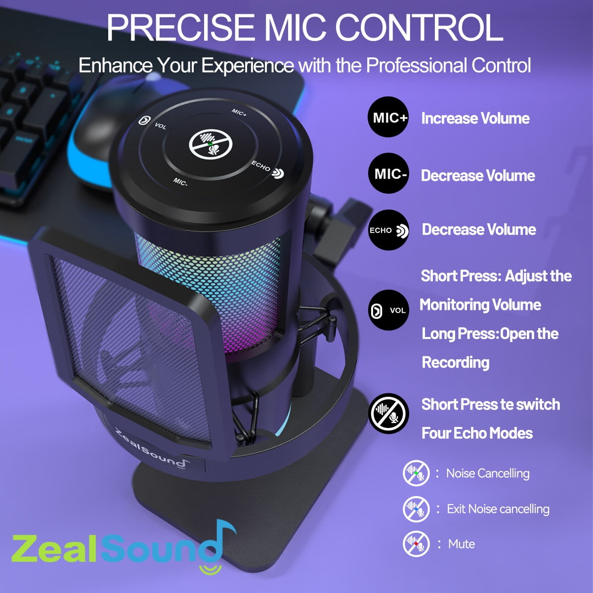 ZealSound Gaming USB Microphone with RGB Light, Noise Cancelling, Echo and Mute Control, Plug & Play Condenser Mic for PC, Streaming, Podcast, and Recording on Mac & Window