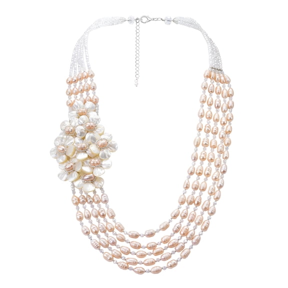 Graceful Pearl Shell and Crystal Bead Floral Cluster Statement Necklace