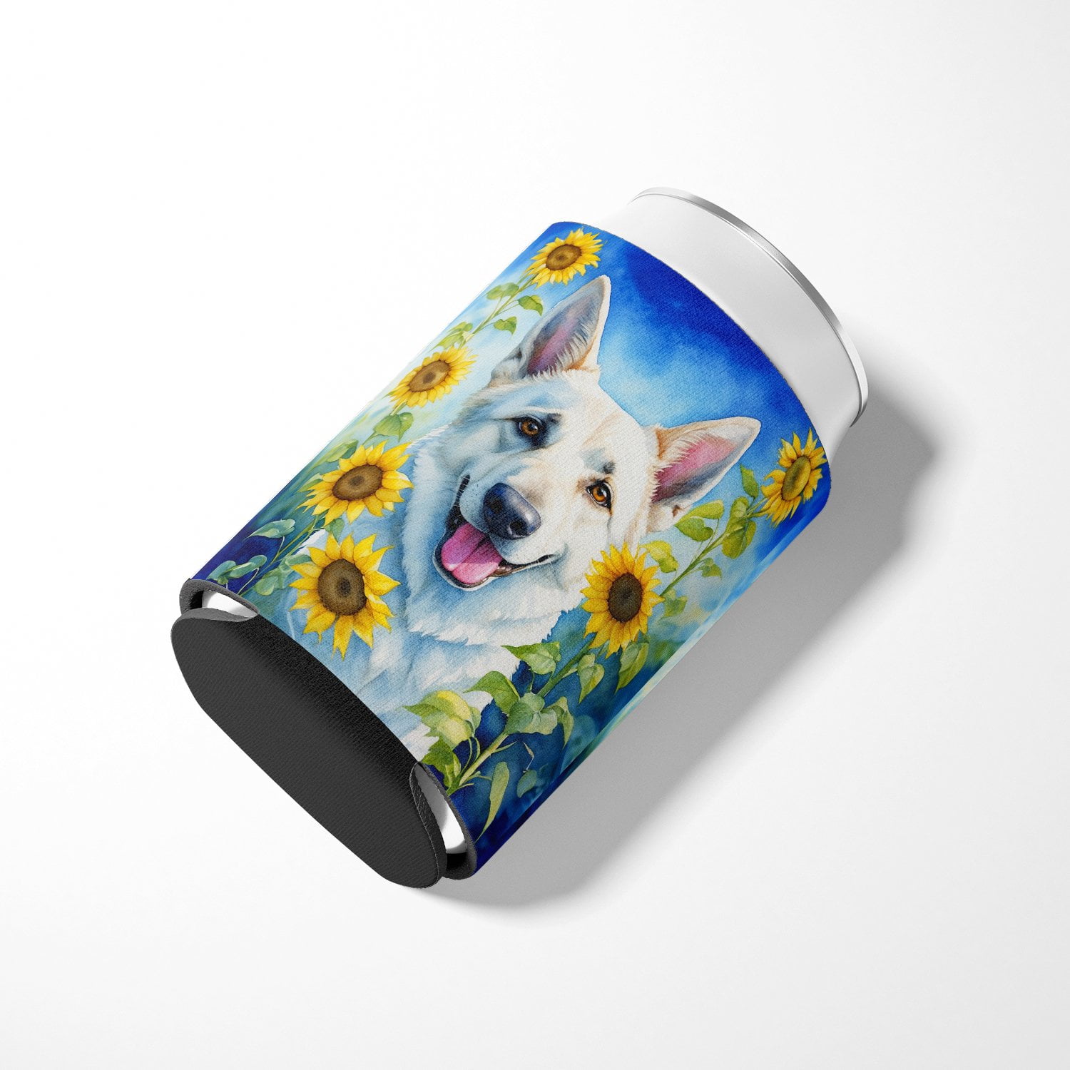 White German Shepherd in Sunflowers Can or Bottle Hugger 3 in x 5 in