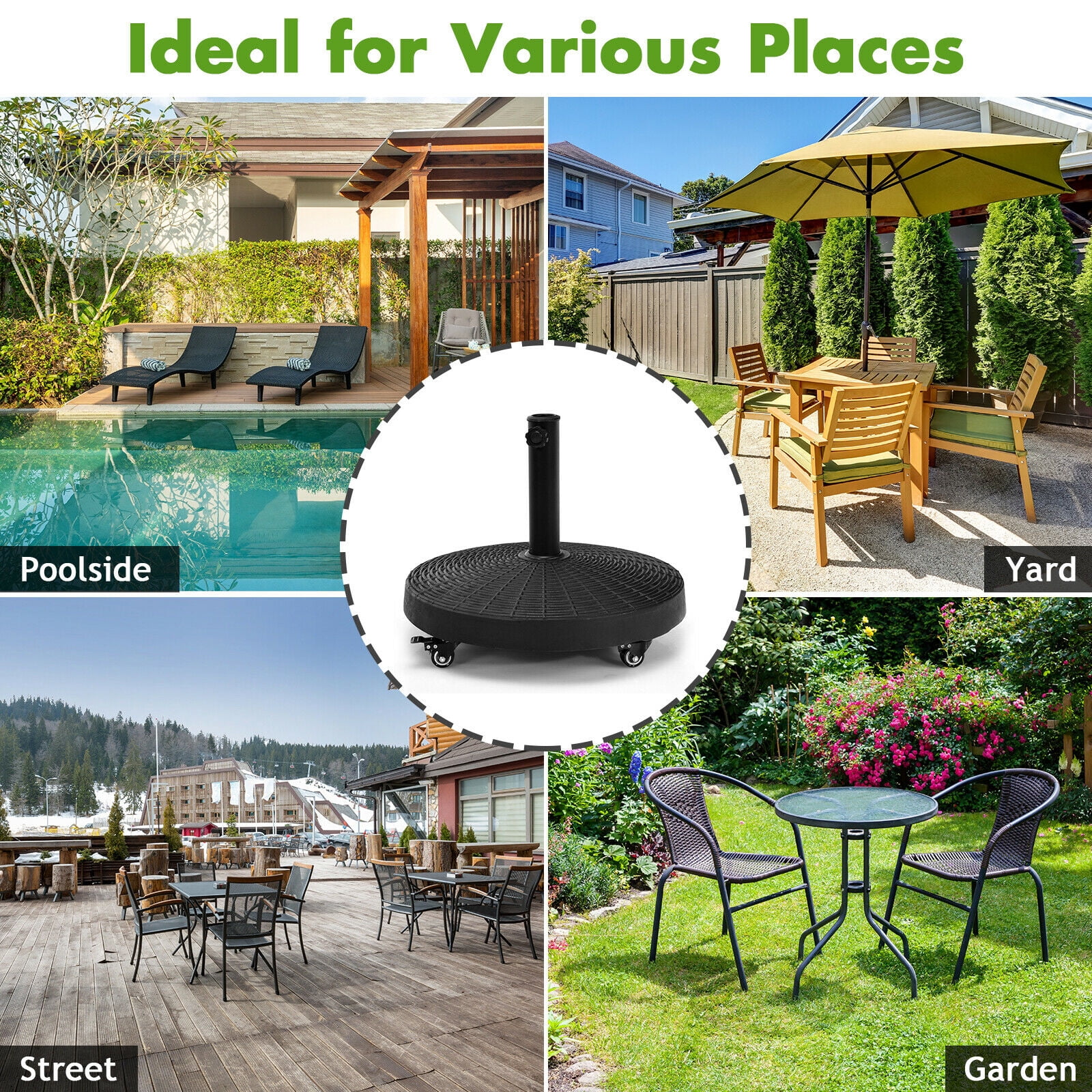 Patiojoy 50lbs Round Resin Umbrella Base Rattan Designed Outdoor Umbrella Stand W/ Lockable Wheels