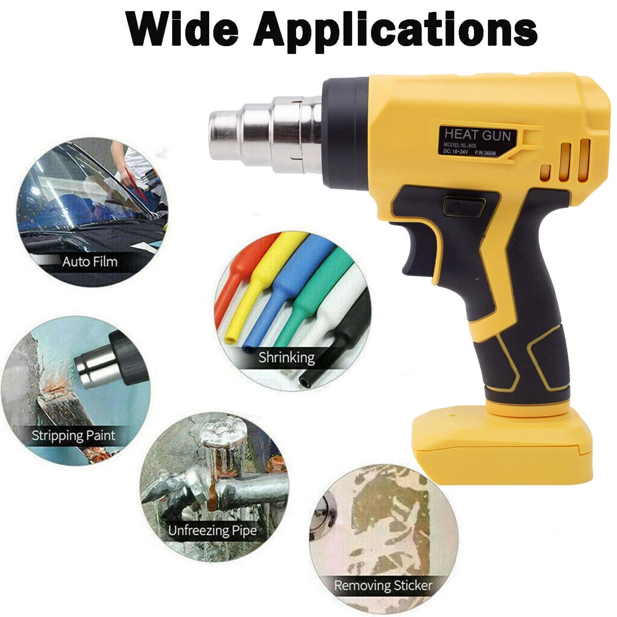 Cordless Heat Gun Compatible with Dewalt 20V Battery, 360W Fast Heating Hot Air Gun Variable Temperature 122℉-1022℉, for Shrink Tubing, Paint Removal, Tube Bending (Tool Only, NO Battery)