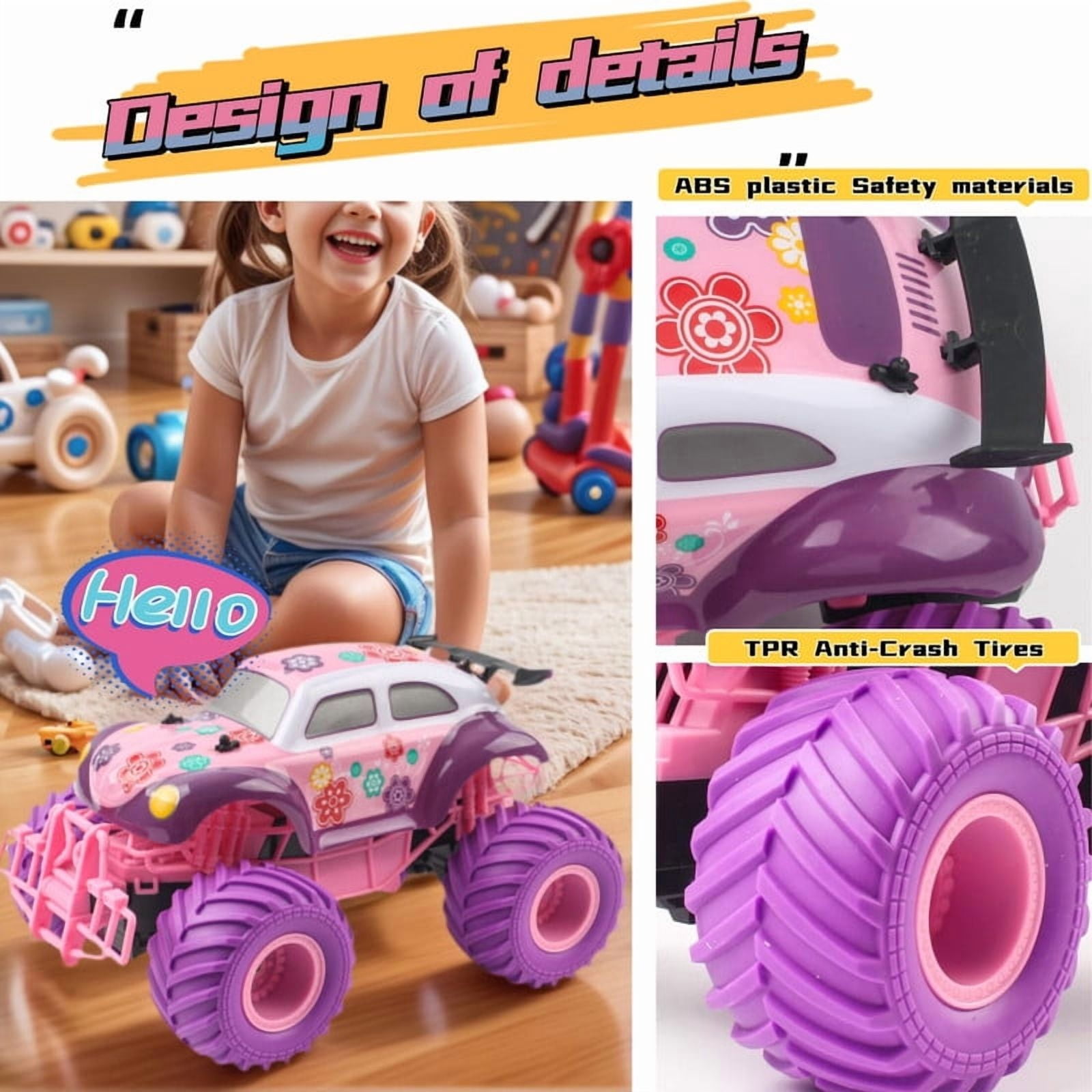 Funtogether Toys 1:16 Scale 2.4GHz RC All-Terrain Off-Road Monster & Beetle Bug Cars – Remote Control Toys for Girls Ages 6-12 (Pink & Purple) with Box