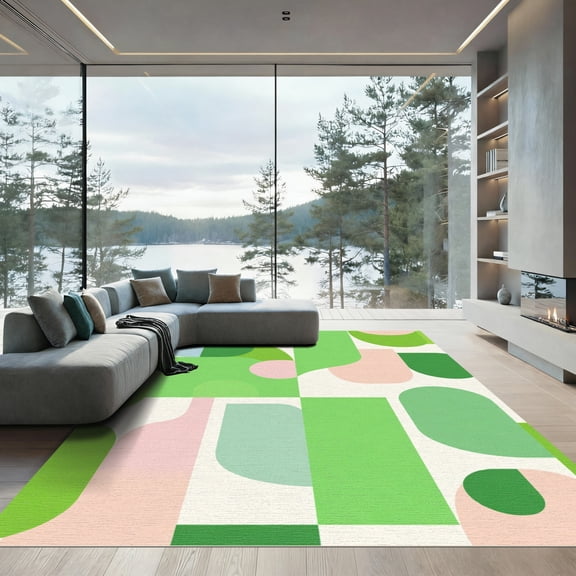 ODIKA 4'x6' Machine Washable Non-Slip Area Rug, Geometric Green High Traffic Rug, Green, 1070525