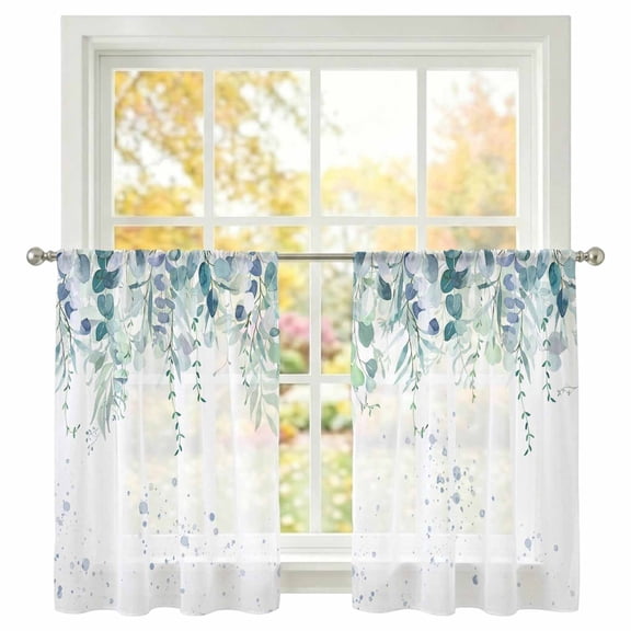 Watercolor Green Sheer Curtains 45 inches Long, Eucalyptus Leaves Light Filtering Sheer Window Curtains Rod Pocket Voile Drapes for Bedroom Living Room, 2 Panels