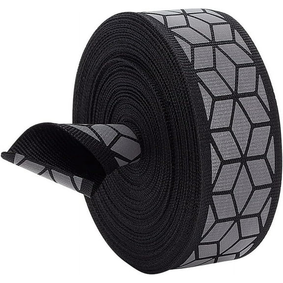11Yard 1inch Wide Geometric Print Silver Sew On Reflective Ribbon Tape High Visibility Reflective Tape Strip Warning Tape for Clothing Rain Coats Jackets Black for DIY