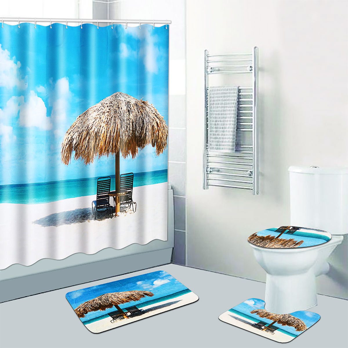 Sunrise Beach Waterproof Shower Curtain Bath Mat Pedestal Rug Lid Toilet Cover 