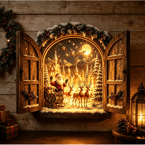 Santa's Secret Window Light, Rustic Christmas 3D Layered Lighted Wall Art, USB Warm LED North Pole Scene, Seasonal Xmas Decoration for Home & Gifting