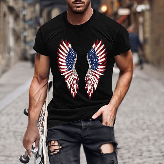 Elvqul Mens Patriotic Shirts Fourth of July Black Pullover Independence Day Graphic T-Shirts Eagle Short Sleeve Travel Shirts for Men Round Neck