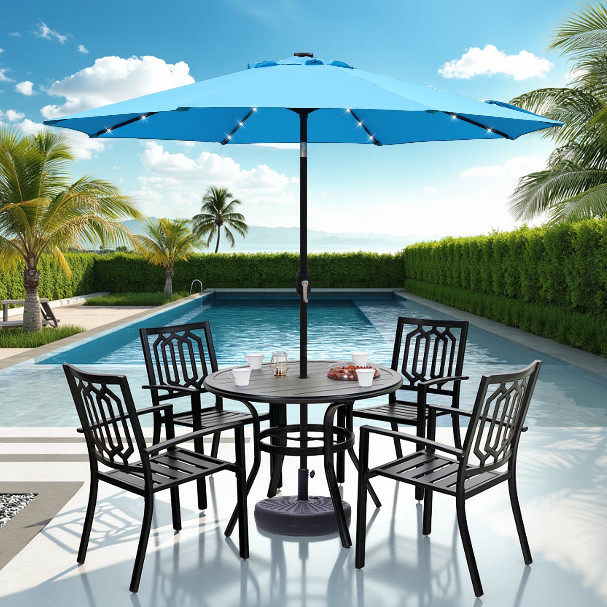 Abble 9ft Solar LED Lighted Patio Umbrella, Table Market Umbrella, Outdoor Umbrella for Garden, Deck, Backyard, Pool and Beach, Aqua