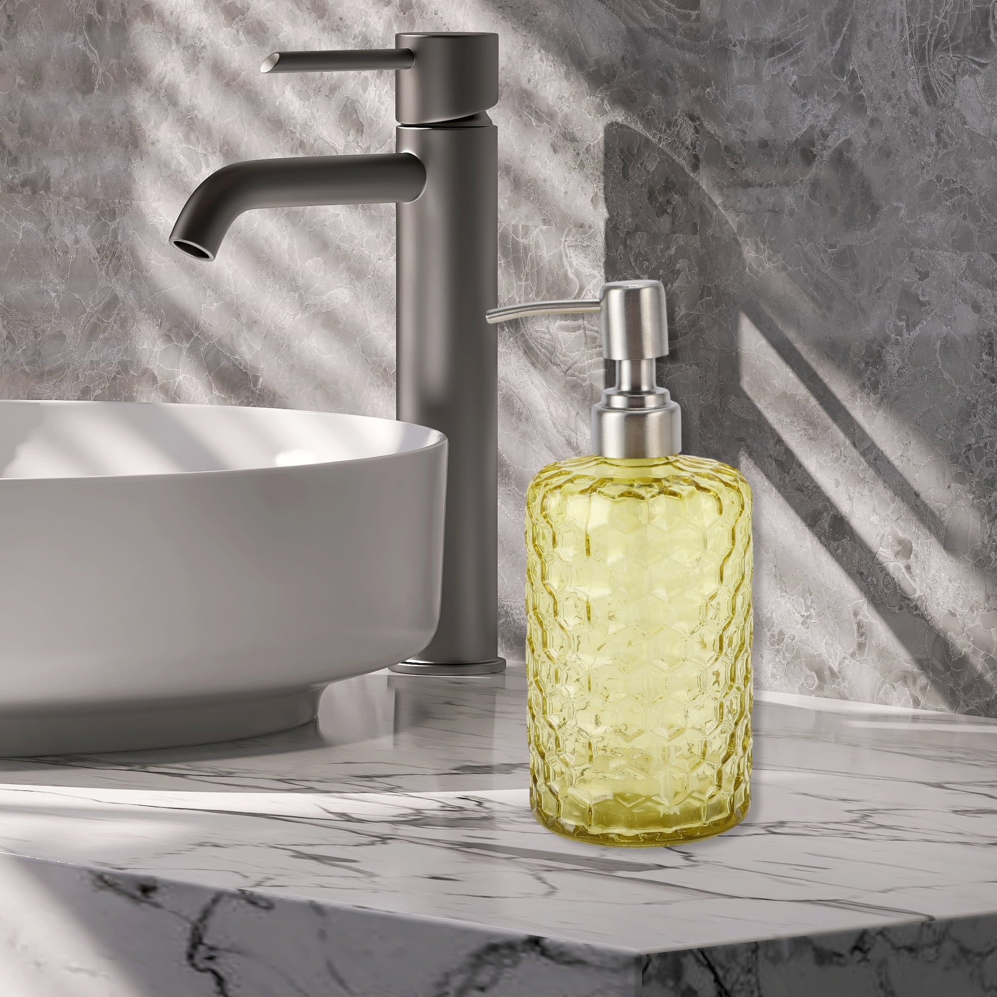 Unique Bargains 1 Pc Simple Cylindrical Soap Pump Dispenser for Bath 500ml Yellow Silver Tone