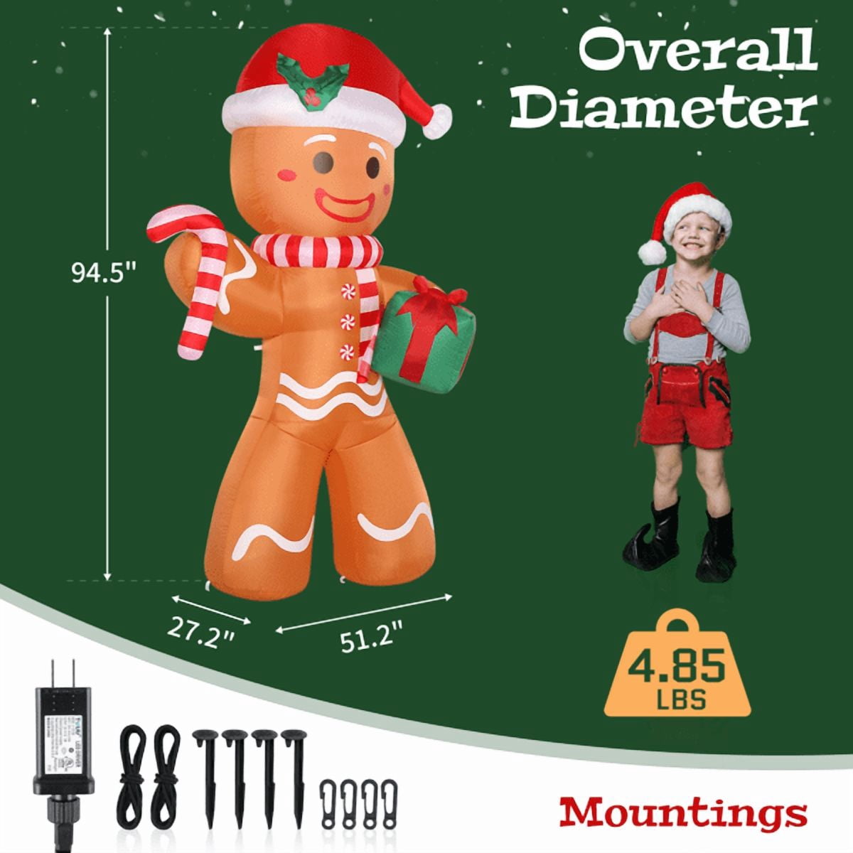 Alvantor 8 ft Inflatable Gingerbread Man with Gift Box, Candy Cane and 5 LED Lights, Christmas Yard Decoration