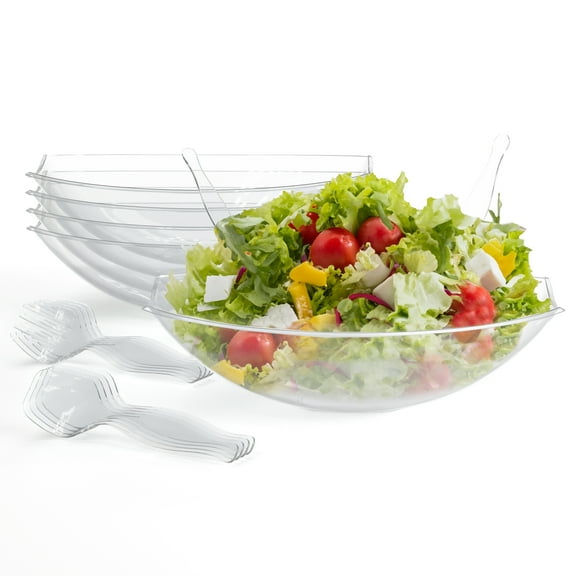 Exquisite 4 Large Disposable Plastic Salad Bowls (112 oz) - 4 Disposable Salad Spoons & Forks - 12-Piece Serveware Set