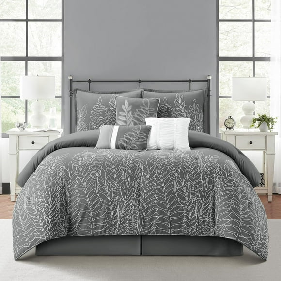 Grand Avenue Ensemble de Couette Cal Très Grand à Feuilles Grises, 7 Pcs, Déco Maison, Microfibre Légère de Qualité Supérieure, Déco Maison, Toutes Saisons