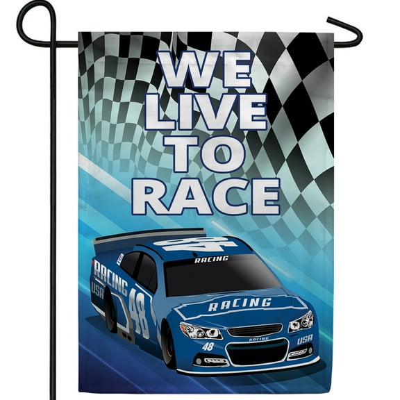 America Forever We Live to Race Double Sided Garden Flag, 12.5 x 18 inch, Blue Race Car Checkered, Motorsports Outdoor Decor, Racing Enthusiast Banner