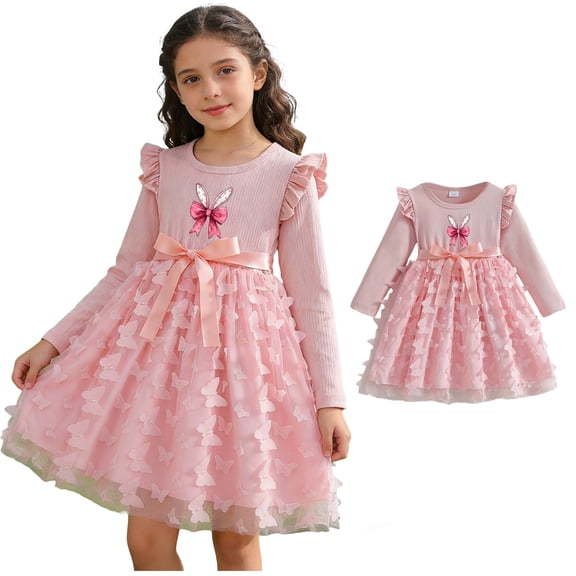 Girls Easter Dress Long Sleeve Bunny Print Dress Tulle Midi Dress Spring Dress Girls Size 4-5 Years Clothes