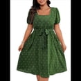 thumbnail image 1 of Vestido Elegante de Talla Grande con Lunares Retro, Cuello Cuadrado y Lazo en la Cintura para Mujer Verde L, 1 of 9