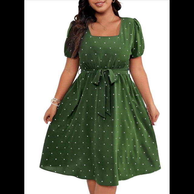 Vestido Elegante de Talla Grande con Lunares Retro, Cuello Cuadrado y Lazo en la Cintura para Mujer Verde L