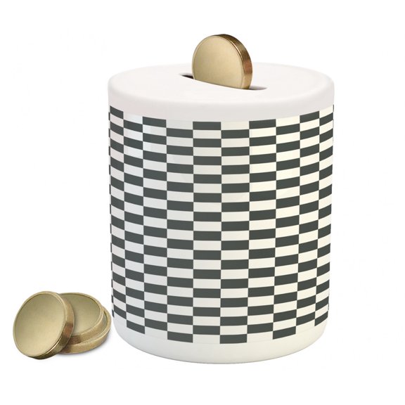 Checkered Piggy Bank, Monochrome Composition Classical Chessboard Inspired Abstract Tile Print, Ceramic Coin Bank Money Box for Cash Saving, 3.6" X 3.2", Grey White, by Ambesonne
