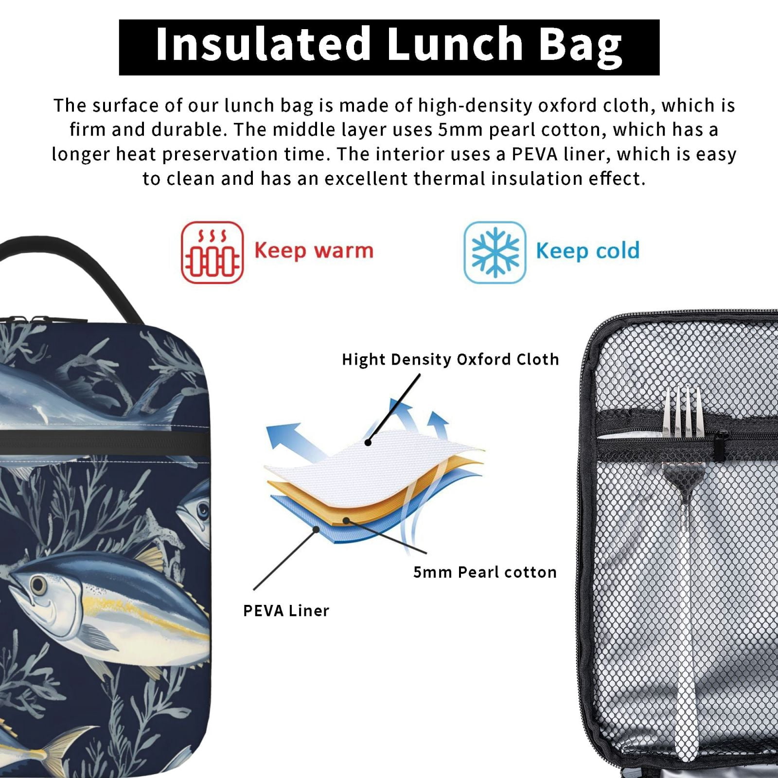 Lunch Bag For Women Men Insulated Portable Lunch Box Bento Box Office Picnic Travel Cooler Bag Fish (33)