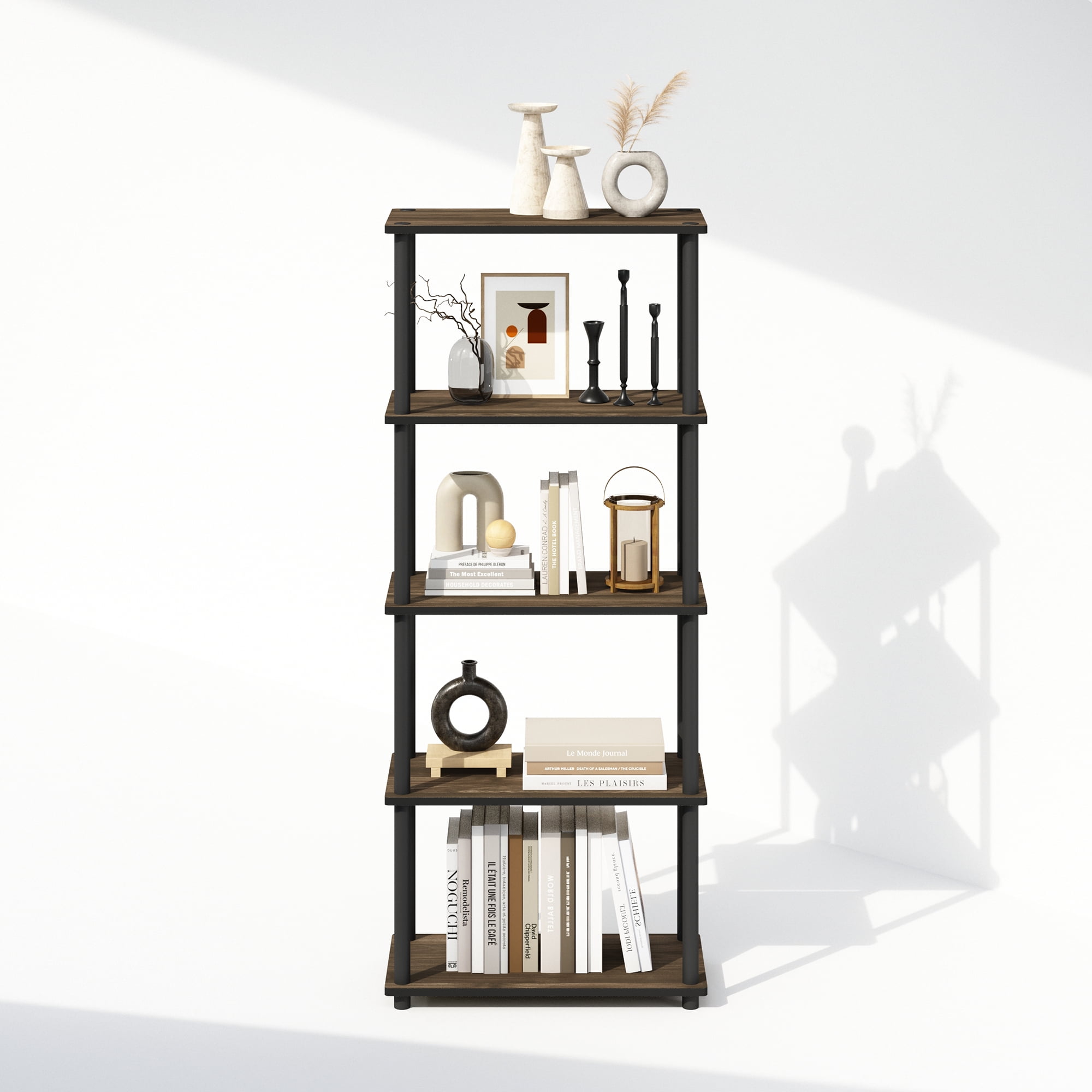 Furinno Turn-N-Tube 5-Tier Multipurpose Compact Display Rack, Shelving Unit, Bookcase, Columbia Walnut/Black