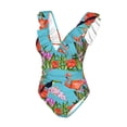 thumbnail image 4 of Yiaed Tropical Jungle Flamingo Print Women's Ruffled One Piece Swimsuit V Neck Swimwear Slimming Monokini for Woman-Large, 4 of 8