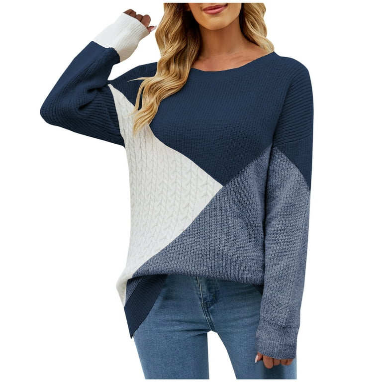 Zzwxwb Sweaters For Women Women'S Long Sleeved Round-Neck Patchwork Color  Sweater Casual Pullover Top Blue M