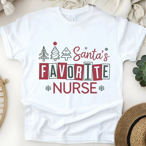 Santa’s Favorite Nurse T-Shirt for Women, Holiday Christmas Graphic Tee, White, Size S