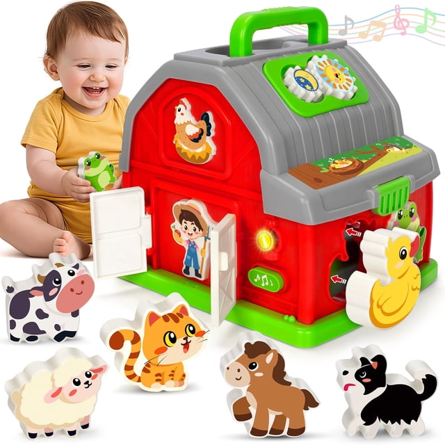 Juguete Montessori Musical Farm Animal Barn para niños pequeños de 1 a 3 años