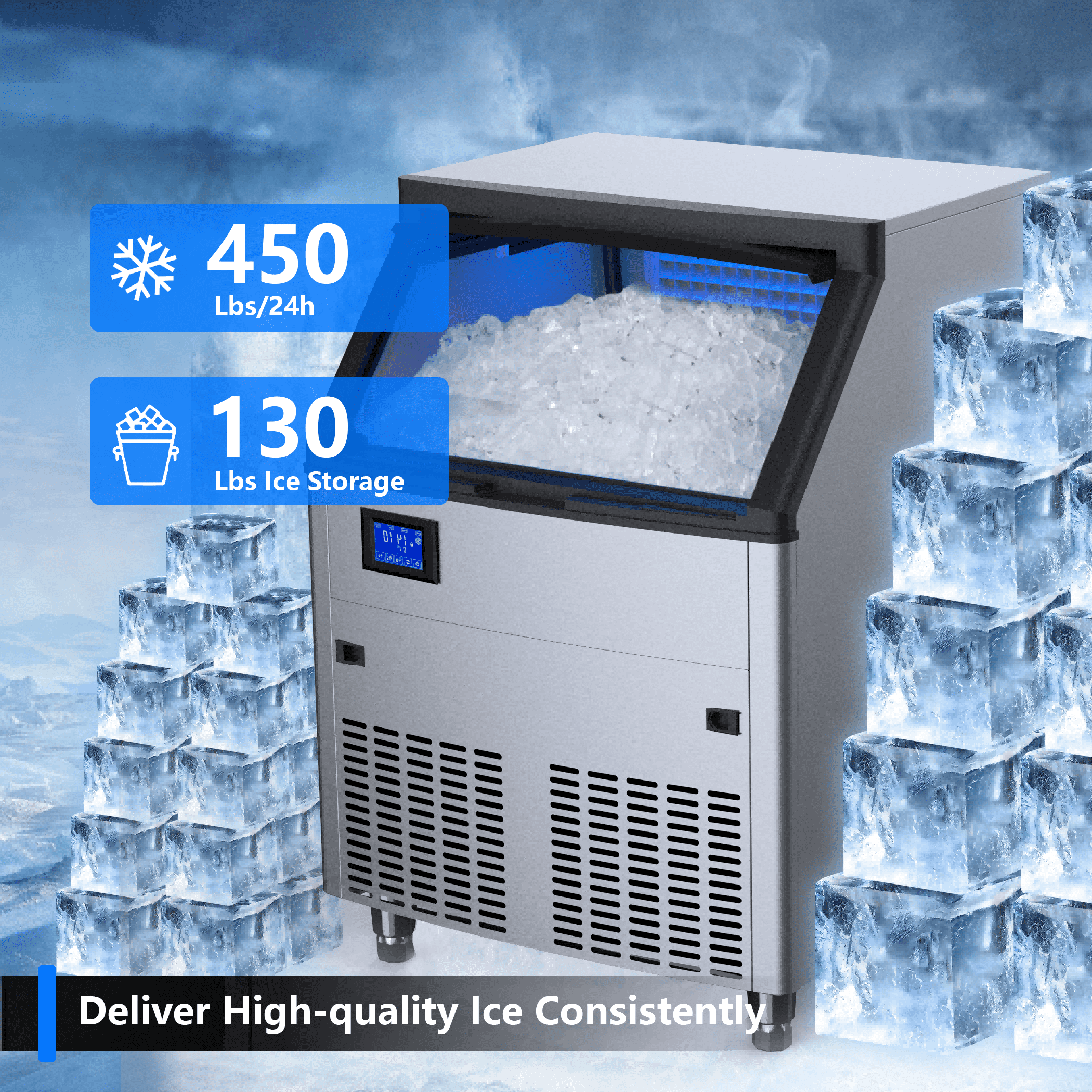 Coolake 450lbs/24h Commercial Air Cooled Ice Maker Machine