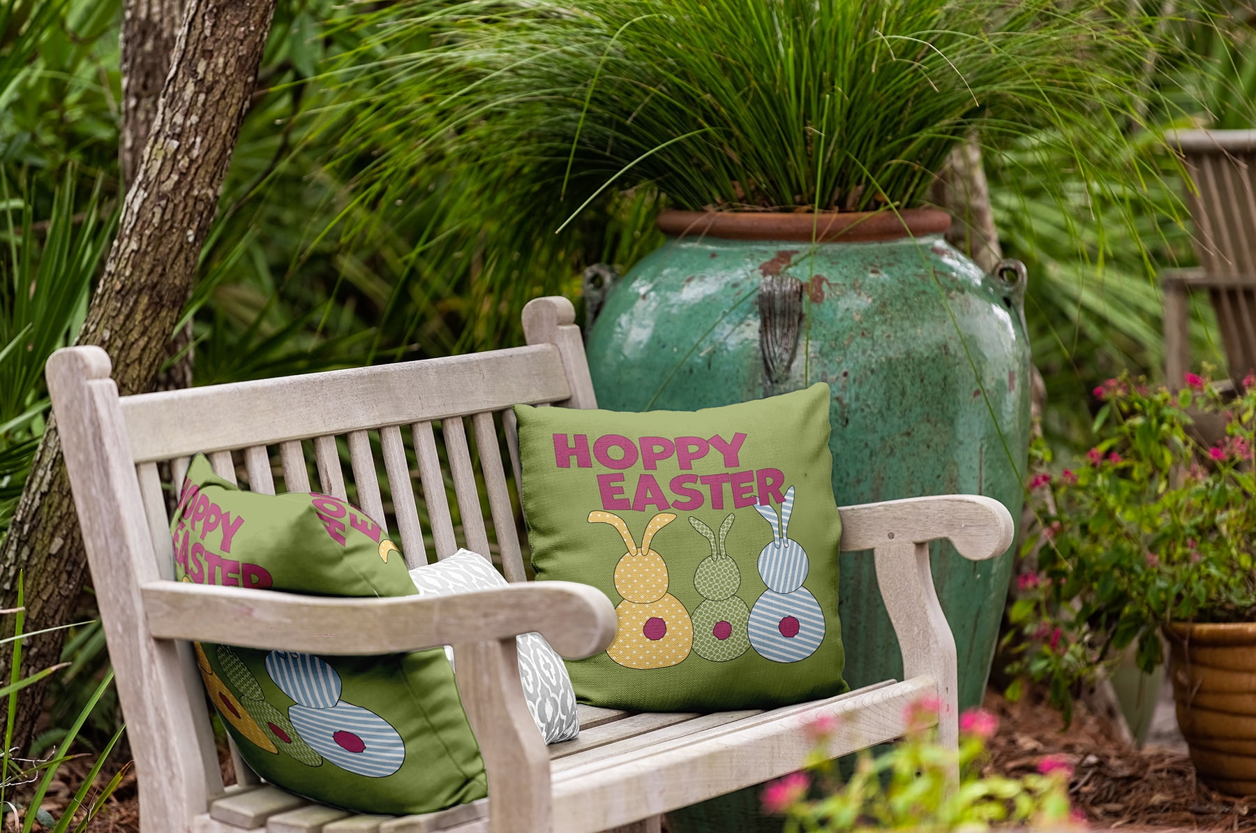 18" x 18" Simply Daisy Hoppy Easter Indoor/Outdoor Pillow, Apple Green Qty 1