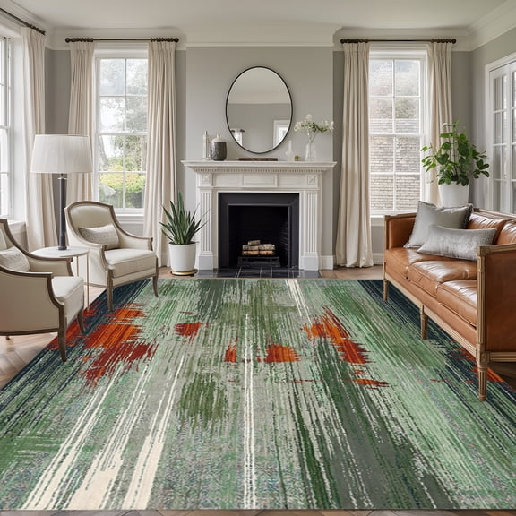 Green Grey Red 5'x7' Area Rug, Vintage Abstract Chic Gradient Washable Non-Slip Soft Rugs, Low-Pile Large Carpet for Living Room Bedroom Dining Room, Non-Shedding Accent Rug