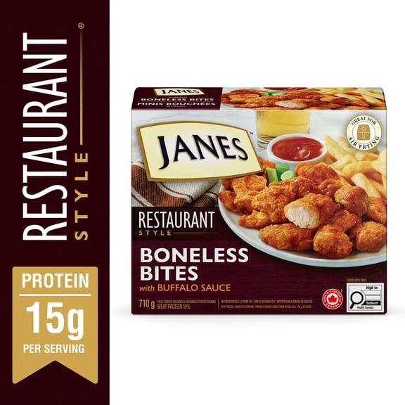 Janes® Bouchées de poulet désossées Buffalo style restaurant, 710 g. Bouchées de poulet panées entièrement cuites. Préparées avec de la viande blanche de poulet 710g