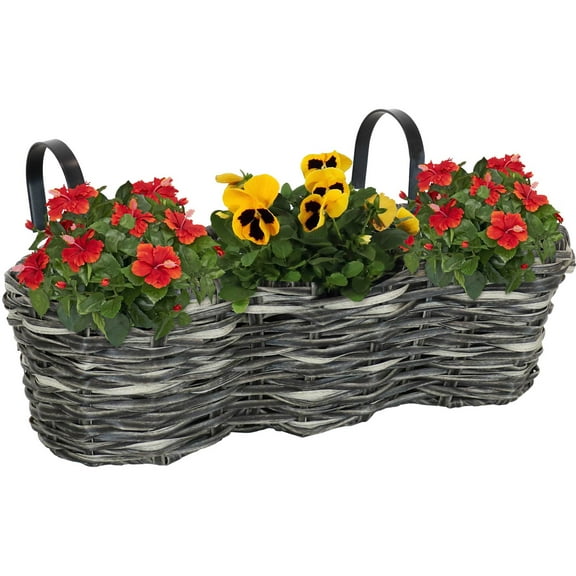 Sunnydaze 18" x 7" x 5.5" Round Charcoal Polyrattan Over-the-Rail Planter with Liner