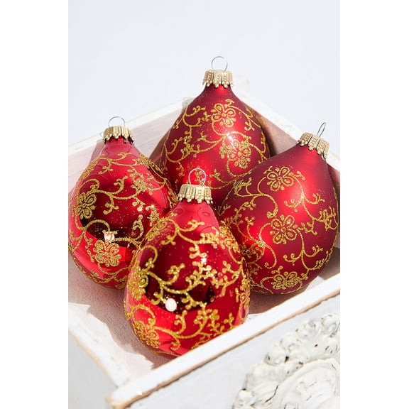 4ct Glass Drop Christmas Red Velvet Gold Floral Glitter Ornaments