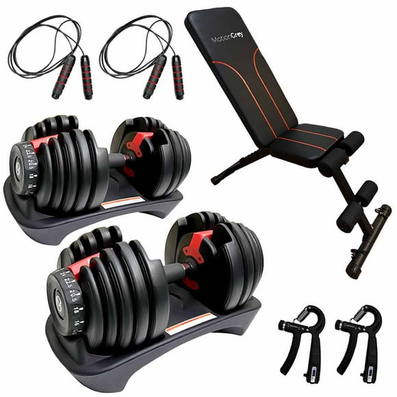 MotionGrey Adjustable Dumbbells 5-52.5 LB with High Strength Hand Grip & Workout Bench Equipment, Jumping Rope, and Anti-Slip Barbell Metal Hand Set
