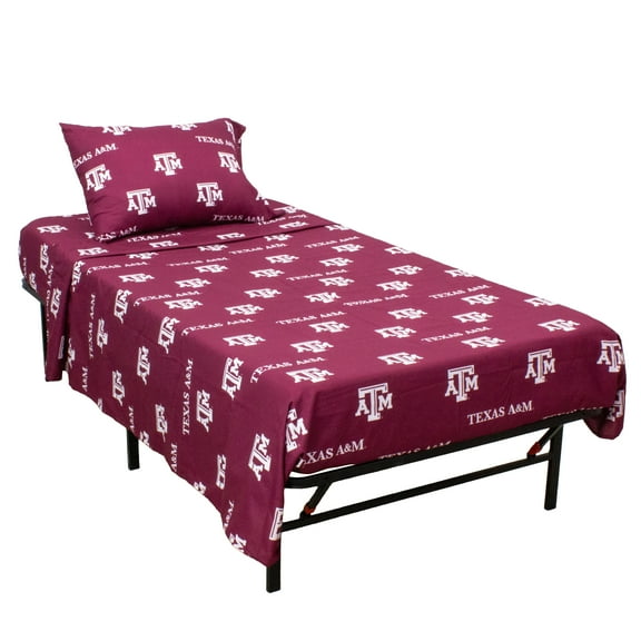 Texas A&M Aggies Twin Sized 3 Piece Sheet Set, Team Color Background, 1 Flat Sheet, 1 Fitted Sheet, 1 Pillowcase