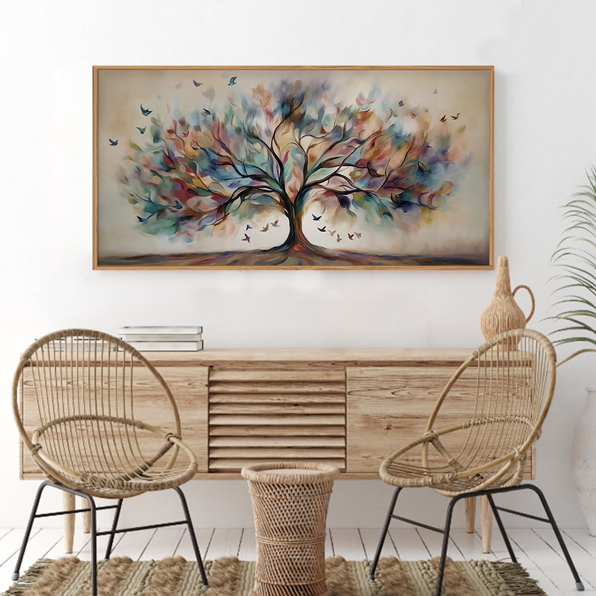 TOARTi Tree of Life Framed Canvas Wall Art Abstract Bird with Colorful Leaves Painting Nature Big Tree Decor for Living Room Bedroom Office 20x40 Inch