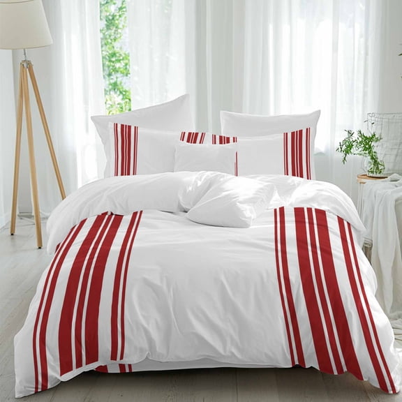 Dark Red and White Striped Comforter Set Twin Size, Modern Minimalist Vertical Lines Soft Bedding Set for Man Woman, 4 Pieces Duvet Cover Set with Fitted Sheet, 2 Pillowcases