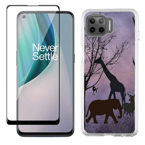 Slim-Fit Protective Phone Case compatible with Motorola Moto One 5G UW, with Tempered Glass Screen Protector, by OneToughShield ® - Twilight Safari