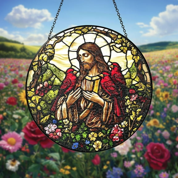 Jesus Holding Red Cardinals Stained Glass Suncatcher Handcrafted Religious and Nature-Inspired Window Hanging, Spiritual Home Decor