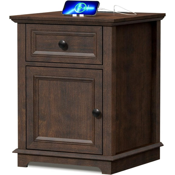 End Table with Fast Charging Station, End Tables Living Room, 18" Side Table with Drawer, 24" Tall Side Table with Storage for Bedroom, Light Brown