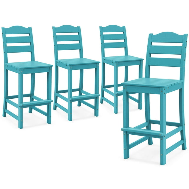 Costway Outdoor 4pcs HDPE Bar Stool Patio Tall Chair Backrest Footrest All Weather Navy